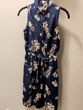 LOFT 0P Navy Floral Sleeveless Tie-Waist Midi Dress
